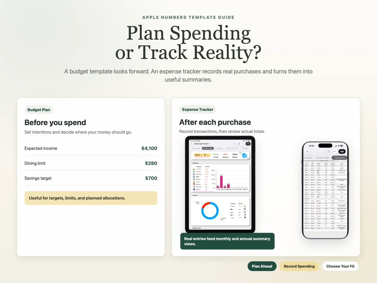 Apple Numbers budget template compared with an expense tracker transaction log