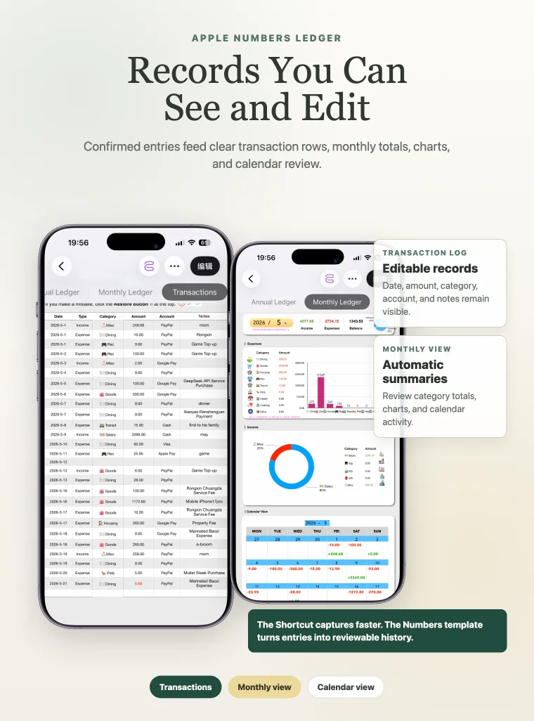Apple Numbers expense tracker showing confirmed transactions and monthly summaries