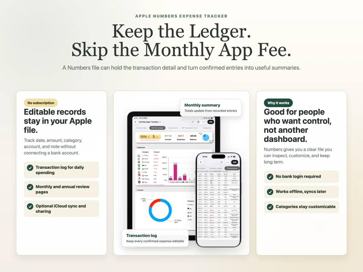 Apple Numbers expense tracker template with monthly and annual summaries