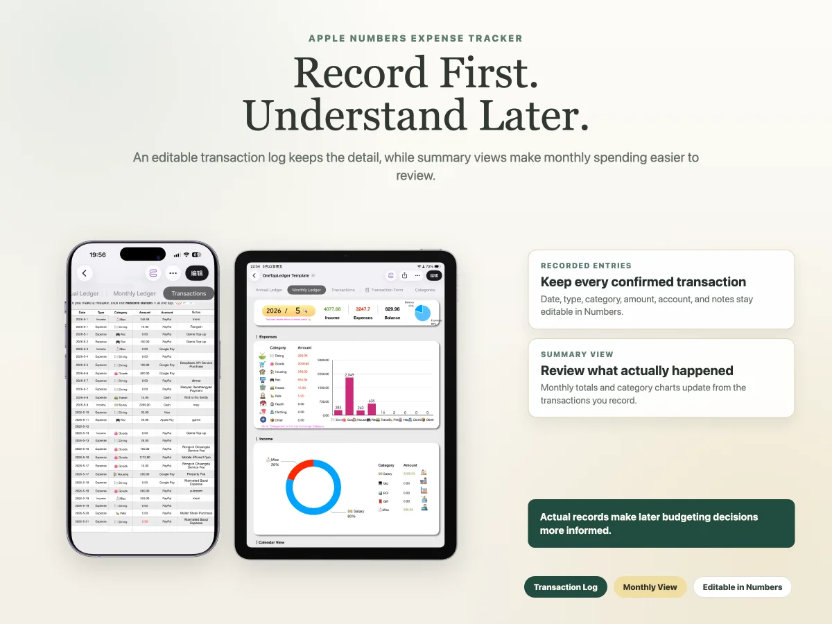Apple Numbers expense tracker template showing recorded entries and monthly summaries