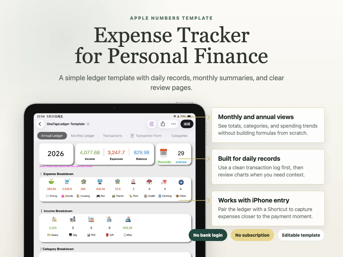 Apple Numbers expense tracker template for personal finance with monthly and annual views