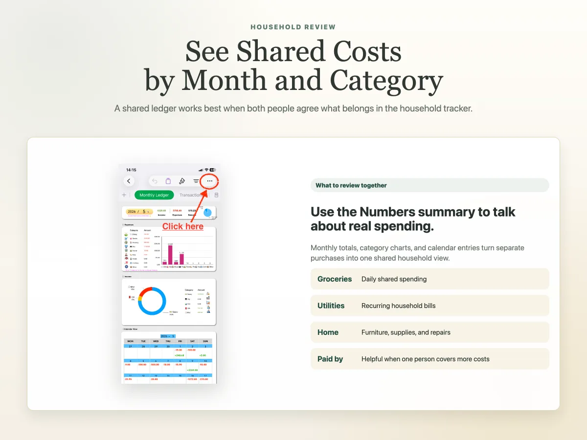 Apple Numbers shared household expense tracker with couple expense categories