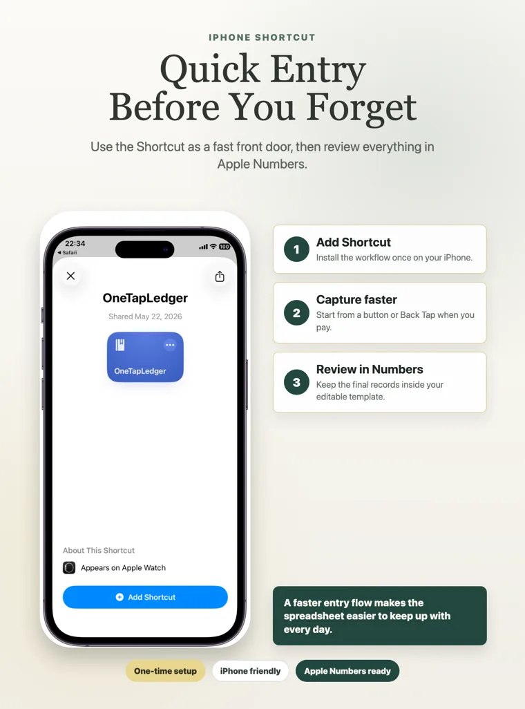 iPhone Shortcut setup for capturing expenses before reviewing them in Apple Numbers
