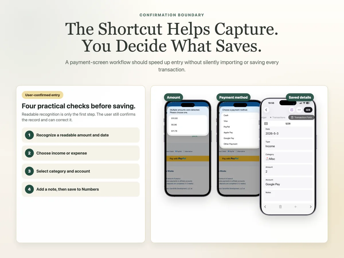 iPhone Shortcut confirming a payment expense before saving it