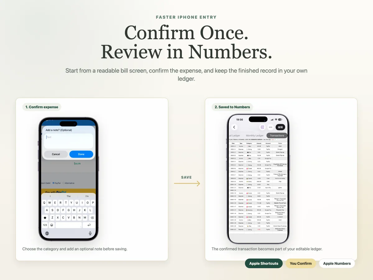 iPhone Shortcut saving a confirmed expense to an Apple Numbers template