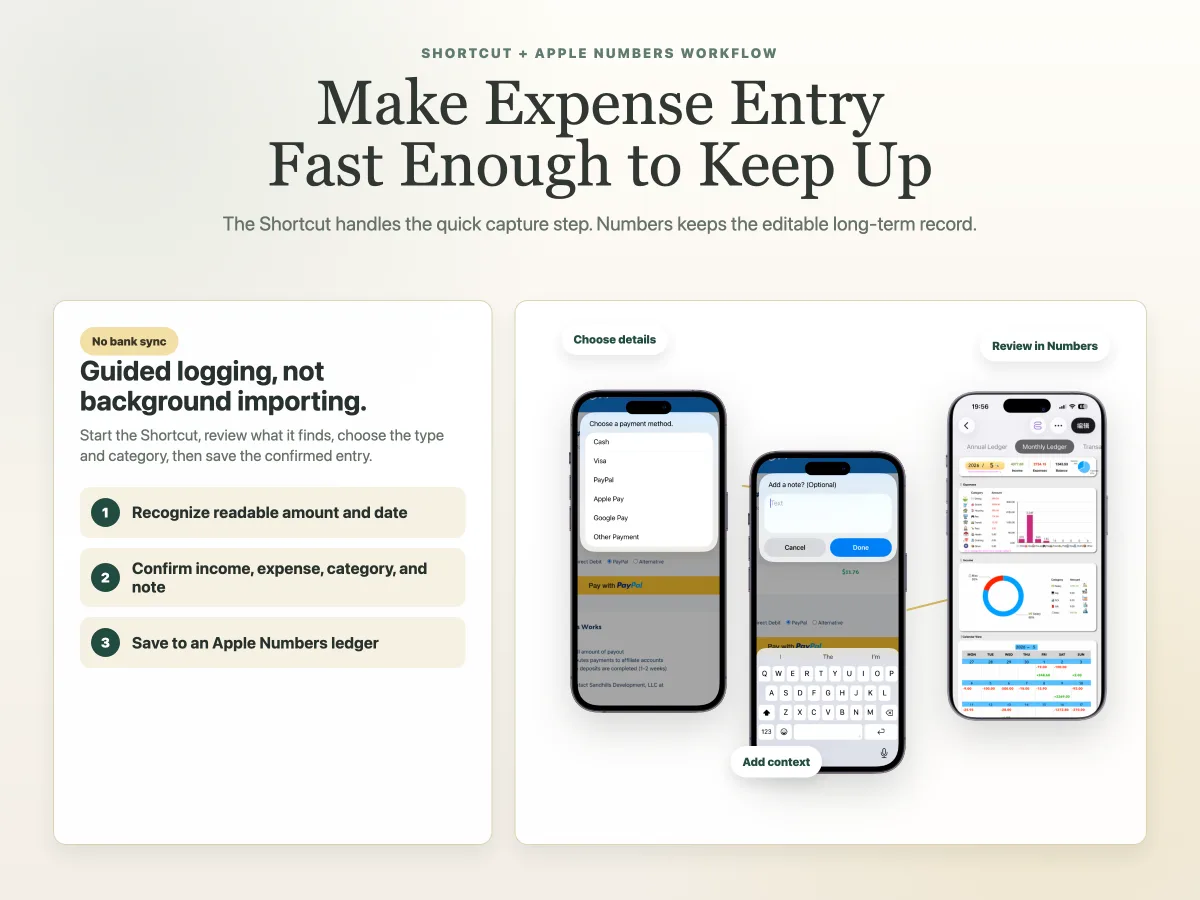 iPhone Shortcut saving a confirmed expense to Apple Numbers without a subscription