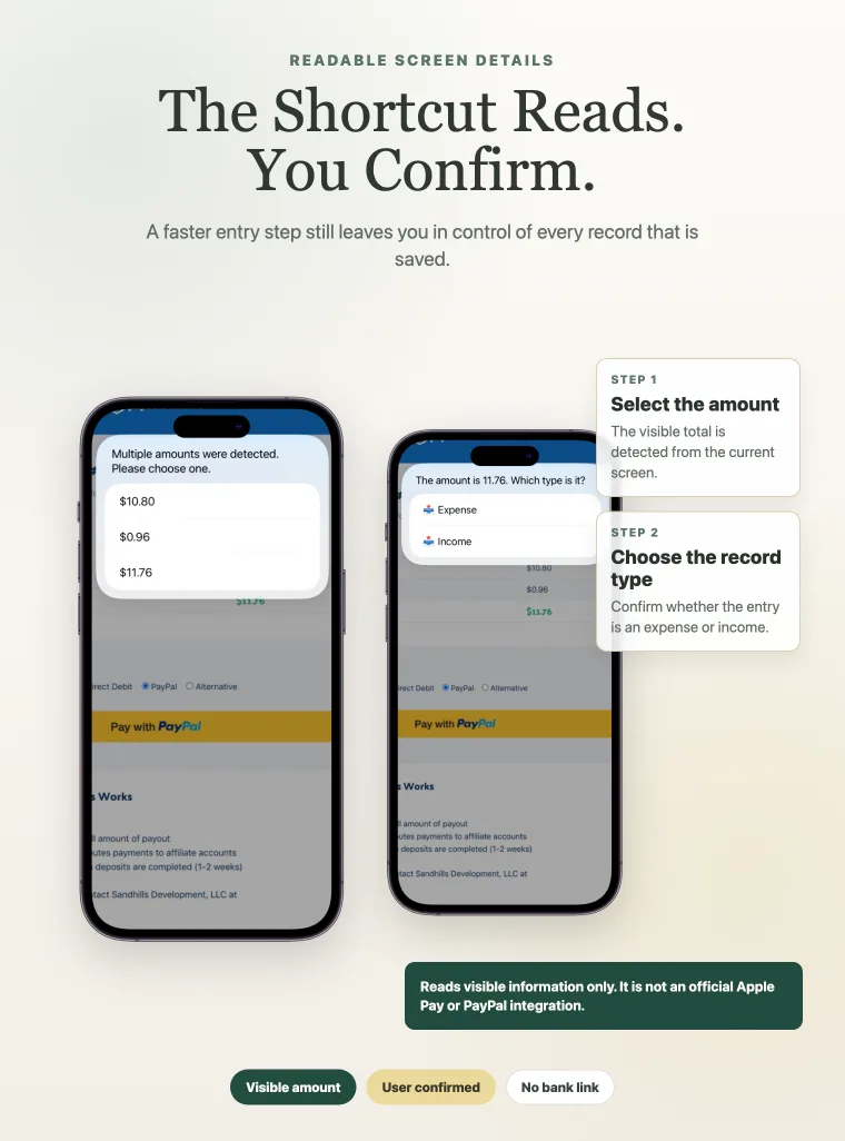 iPhone Shortcut recognizing a readable amount before the user confirms an expense