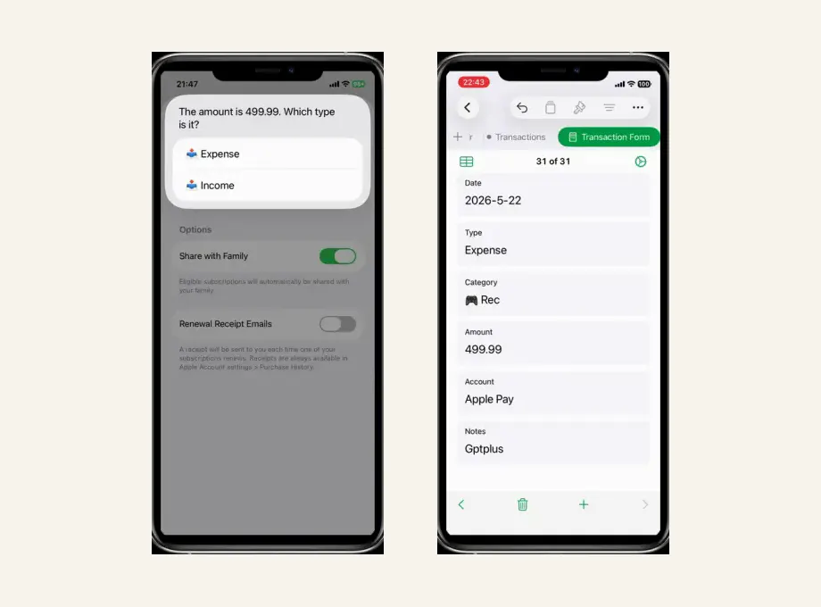 iPhone Shortcuts and Apple Numbers used for private expense tracking