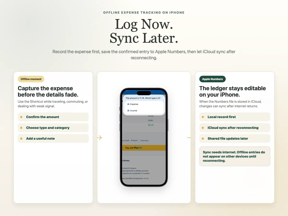 offline iPhone expense tracking workflow saving to Apple Numbers and syncing later