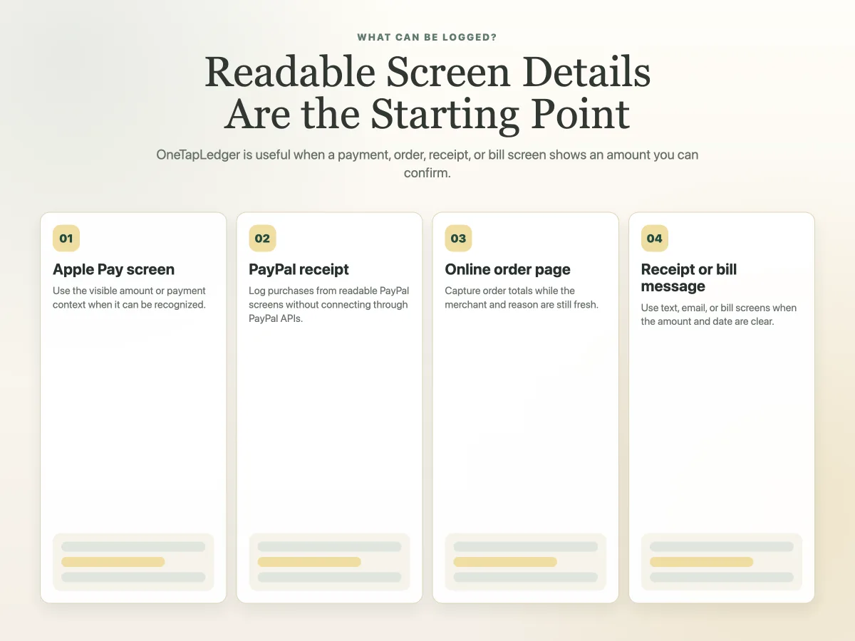 readable payment and order screens for iPhone expense logging