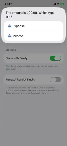 Animated demo showing OneTapLedger selecting an expense category and adding a note on iPhone